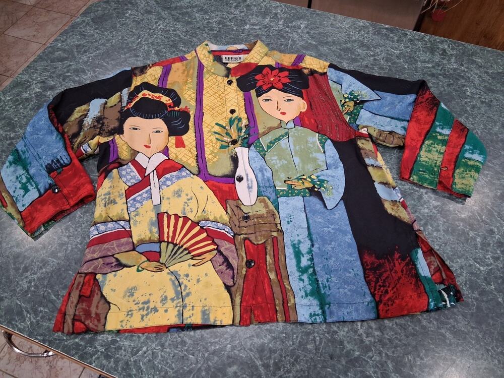 Chicos Design 100% Silk Blouse Asian Geisha Button Up Sz S 0 Vtg Art to Wear